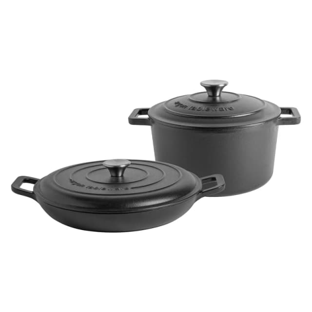 Argon Tableware 2Pc Cast Iron Casserole Dish Set - 2.3L & 4.5L Black Enamel Finish, Oven Safe Dutch Oven Cookware With Lid