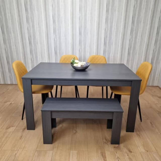 KOSY KOALA Kosy Koala - Dining Table and 4 Chairs With Bench Black Dark Grey 4 Mustard Velvet ChairsWooden Bench Wood Dining Set Furniture Arrow charc