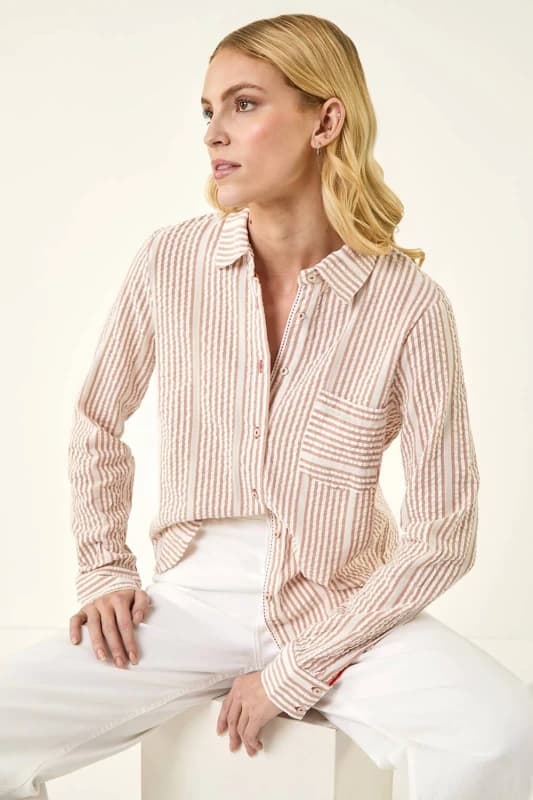 Roman Womens Textured Stripe Collared Shirt in Camel Size: 12 Camel Female 12