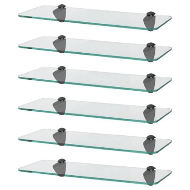 Harbour Housewares 6X Rounded Floating Glass Shelves - 40Cm - Black Brackets - Bathroom Shower Storage Vanity Display Unit Shelf