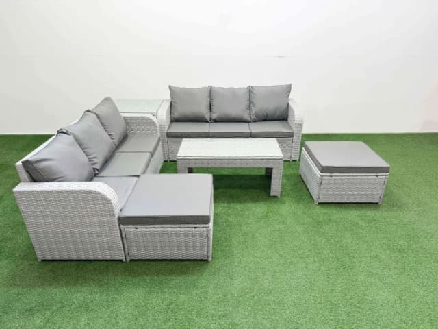 Fimous Outdoor Garden Furniture Sets 8 Seater Wicker Rattan Furniture Sofa Sets with Oblong Coffee Table high Back Lounge Sofa 2 Big Footstool Side Ta