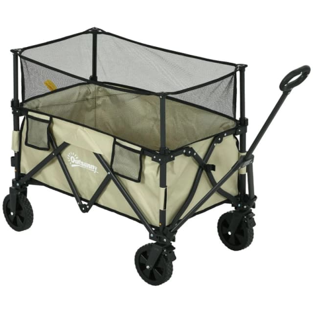 Outsunny 180L Folding Garden Trolley Wagon Cart w/ Extendable Side Walls Khaki - Outsunny 5056725505974