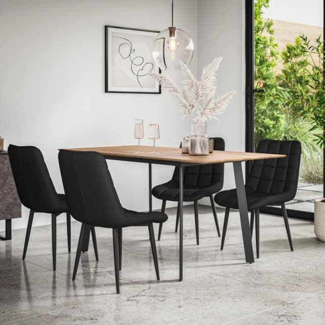 More4Homes Haydon Extending Dining Table + Chairs- Oak Effect Table Top W Black Legs + Nova Faux Leather Dining Chair Set Of 4 (Black)