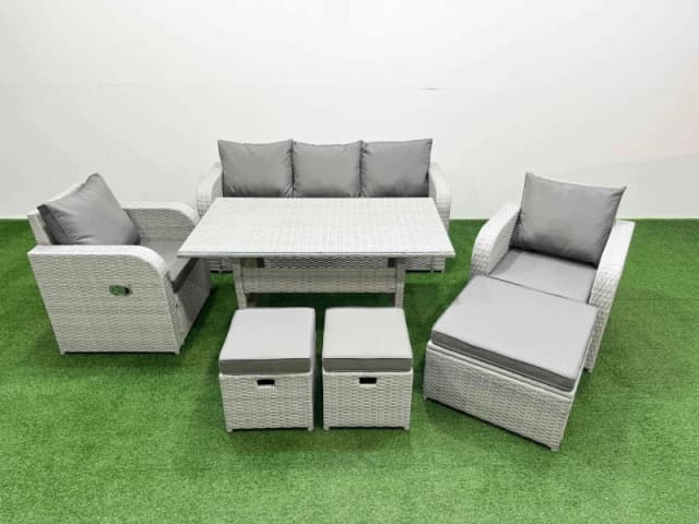Fimous PE Rattan Garden Furniture Set Reclining Chair Sofa Lounge Sofa Set Rectangular Dining Table 3 Stools Light Grey Light Grey