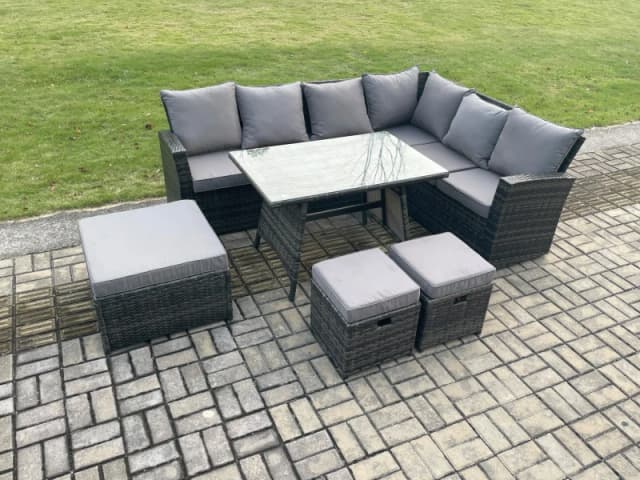 Fimous Outdoor Furniture Garden Dining Set Rattan Corner Sofa Set Rectangular Dining Table with Temper Glass 3 Footstools in Dark Grey Dark Grey Unise