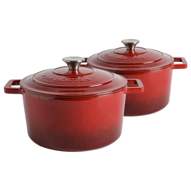 Argon Tableware 2x Round Cast Iron Casserole Dishes with Self-Basting Lid 4.5L in Red Red Unisex