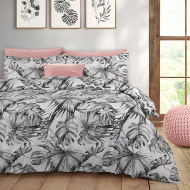 Velosso Vibrant Tropical Duvet Cover Set With Pillowcases, Nature-Inspired Botanical Design, Easy-Care Bedroom Decor - Grey
