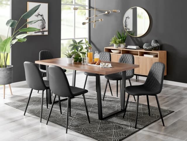 FurnitureboxUK FurnitureboxUK Kylo Large Brown Wood Effect Dining Table & 6 Corona Black Leg Feax Leather Chairs Black One Size Unisex 5056657119683