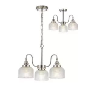 DeRuyter Semi Flush, Ceiling Pendant, 3 Light E27, Polished Nickel, Prismatic Glass