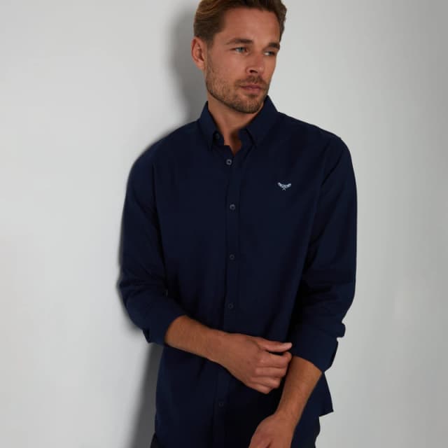 Threadbare Oxford Cotton 'Beacon' Long Sleeve Shirt Navy