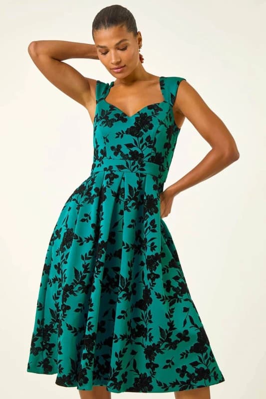Roman Womens Glitter Floral Flocked Premium Stretch Dress in Teal Size: 20 Teal Female 20