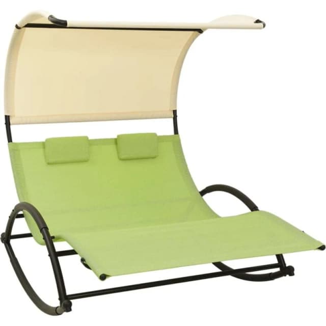 VIDAXL Double Sun Lounger with Canopy Textilene Green and Cream Vidaxl 8720286087039
