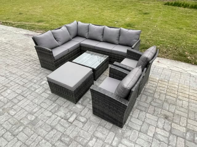 Fimous Rattan Garden Furniture Sets High Back Corner Sofa Square Coffee Table Set with Big Footstool 2 Armchairs Dark Grey Mixed Dark Grey Unisex