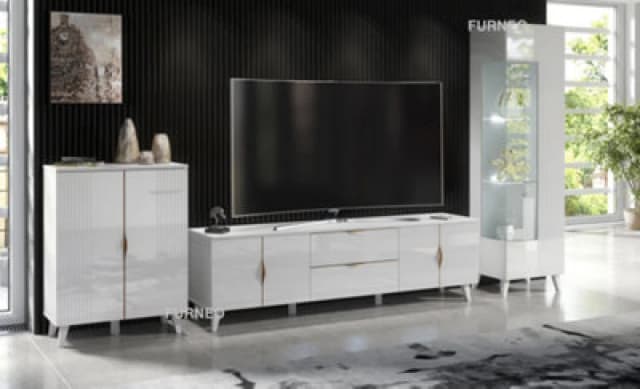 Furneo High Gloss & Matt White Living Room Set TV Stand Display Cabinet Sideboard Azzurro 10/12/14 White LED Lights