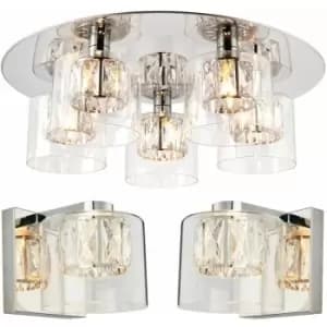 Loops - 5 Bulb Ceiling Lamp & 2x Matching Wall Mount Light Round Chrome & Crystal Glass