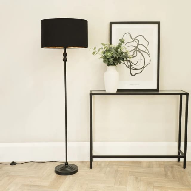 ValueLights Maggie Black Metal Candlestick Floor Lamp with Black and Metallic Gold Shade Black