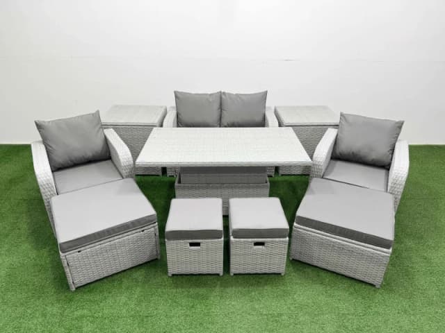 Fimous 10 PCs Rising Dining Table Set Reclining Chair Inclining Love Sofa in Light Grey Light Grey Unisex