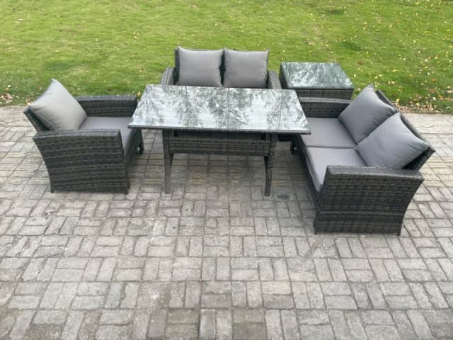 Fimous Wicker Rattan Garden Dining Set Outdoor Furniture Sofa with Dining Table Double Seat Sofa Side Table Dark Grey Mixed Dark Grey Unisex