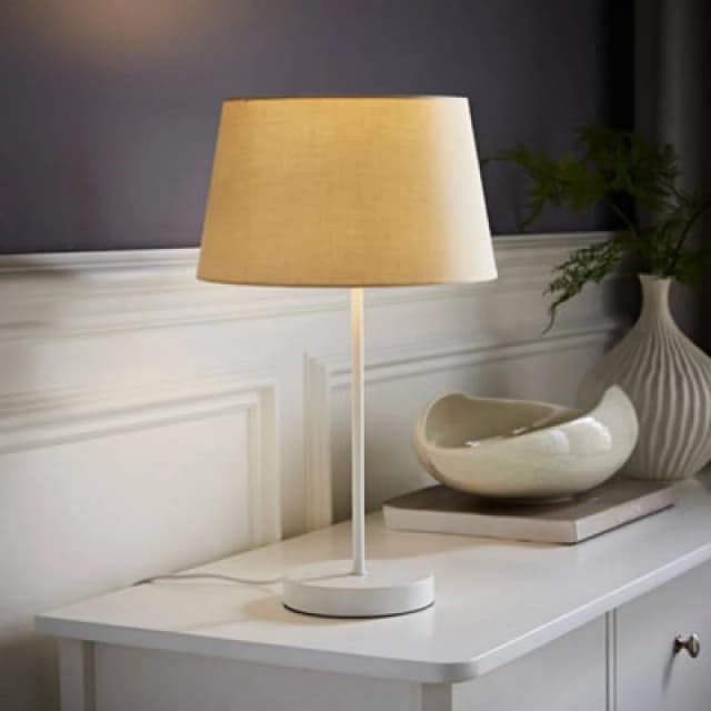 ValueLights Charlie White Metal Single Stem Table Lamp with Fabric Tapered Lamp Shade Beige