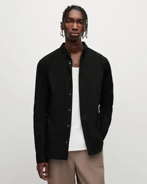 AllSaints Mens Cotton Slim Fit Hawthorne Stretch Shirt, Black, Size: L