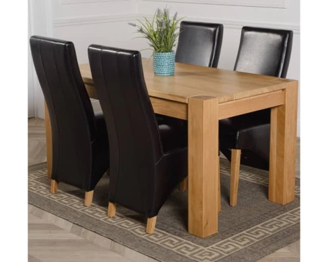 Thats Furniture Kuba 150 x 85cm Chunky Medium Oak Dining Table & 4 Lola Leather Chairs in Black Unisex 150 x 85 cm