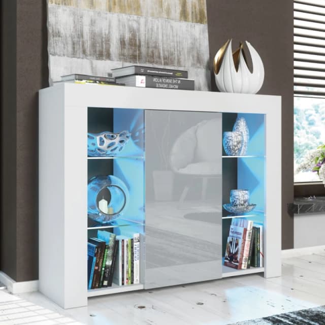 Mex Furniture LTD Sideboard with LED Lighting & Gloss Doors / 97cm in Light Grey Light Grey Unisex