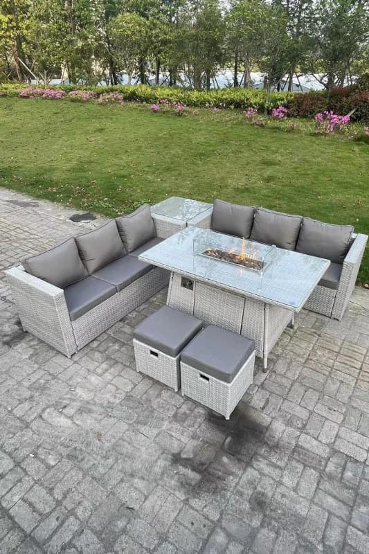 Fimous Rattan FirePit Garden Furniture Set Gas Heater Burner Lounge Sofa Dining Table Side Coffee Table Light Grey