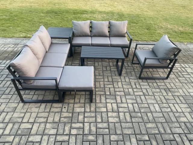 Fimous Aluminium 8 Seater Garden Furniture Outdoor Patio Sofa Set with Rectangular Coffee Table Armchair Big Footstool Side Table in Dark Grey Dark Gr