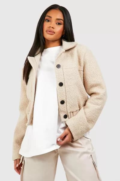 Textured Wool Look Button Crop Jacket