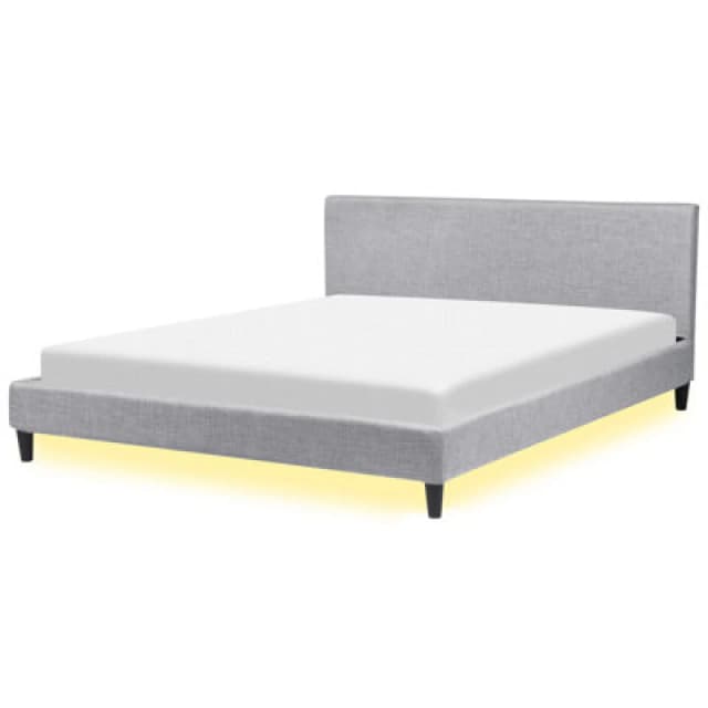 Beliani Bed With LED Fabric Fitou 180 X 200 Cm (Eu Super King) Light Grey