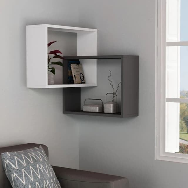 DECORTIE Ring Corner Wall Mounted Modern Bookcase Display Unit White Anthracite Grey w 60cm Medium - White - Decortie M.KT.01.12705.8