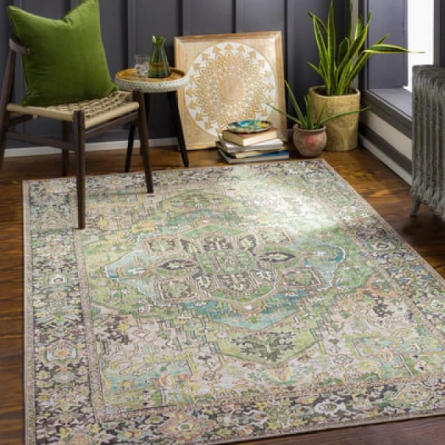 Livabliss Vintage Oriental Boho Dark Green Viorica Area Rug 107 X 168cm - Easy Care, Non Shedding, Ideal For Living Room & Bedroom
