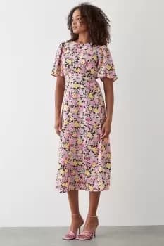 Pink Floral Flutter Sleeve Shirred Waist Midi Dress
