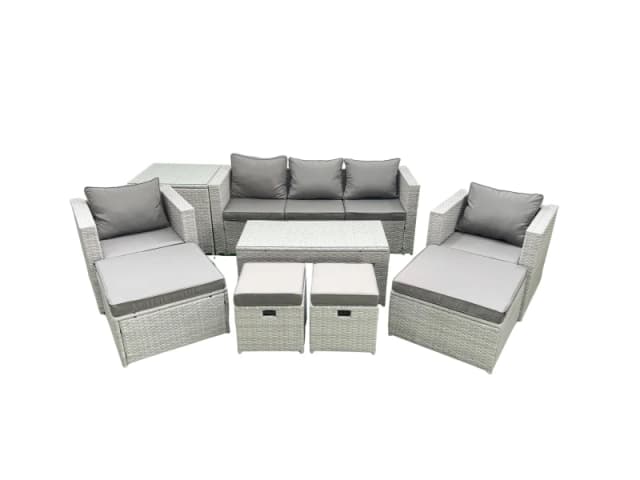 Fimous Outdoor Rattan Garden Furniture Set with Grey Cushions Luxury 9 Seater with 2 Chairs and Coffee Table For Conservatory,Patio Light Grey