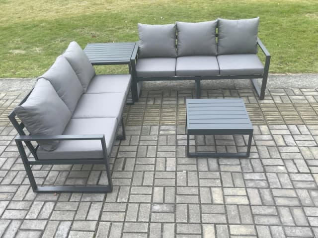 Fimous Aluminium 4 Pieces Garden Furniture Sofa Set with Cushions 6 Seater Outdoor Patio Set with Square Coffee Table Side Table Dark Grey Dark Grey U
