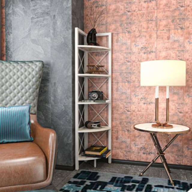 Decorotika Remo Metal Corner Bookcase Bookshelf Shelving Unit - Marble Design White