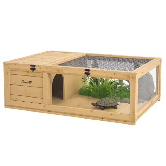PawHut Tortoise House w/ Mesh Roof, Small Pet Reptile Wooden House - Yellow, Yellow D40-012V00YL