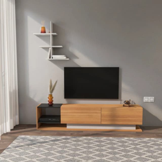 Decorotika Decortika Liza Modern TV Stand TV Unit With Storage Teak & Black White