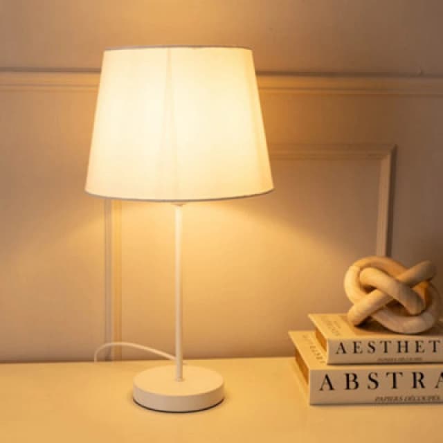 ValueLights Charlie White Single Stem Table Lamp with Fabric Tapered Lamp Shade and LED Bulb White