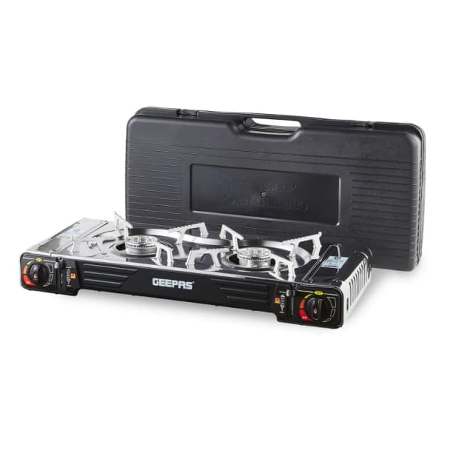 Geepas Double Burner Camping Portable Gas Stove with Carry Case Automatic Ignition in Black Unisex