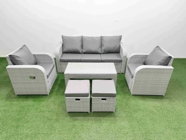Fimous PE Rattan Garden Furniture Set Reclining Chair Sofa Lounge Sofa Set Rectangular Coffee Table 2 Small Stools Light Grey Light Grey