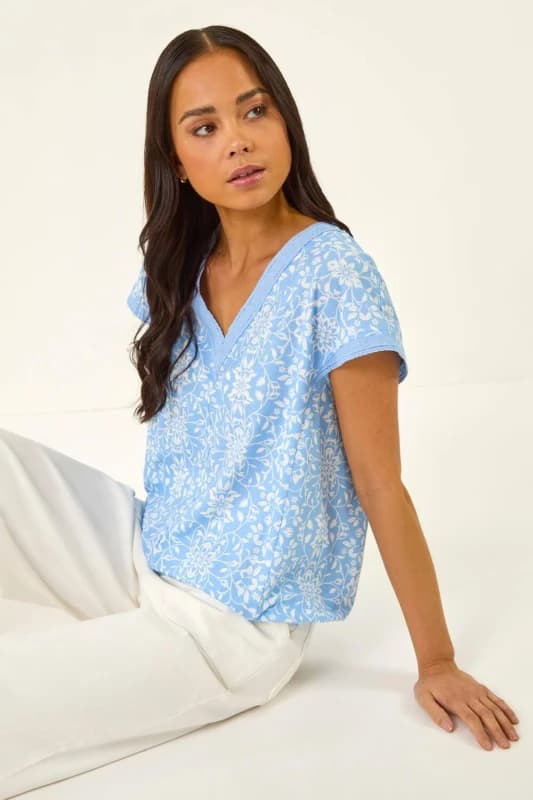 Roman Womens Petite V-Neck Trim Stretch Top in Blue Size: 12 Blue Female 12