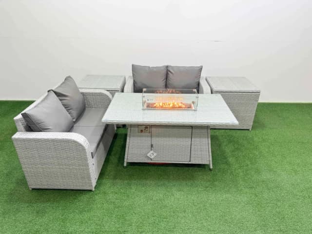 Fimous 4 Seater Outdoor Love Sofa Set Rattan Garden Furniture Set with Firepit Dining Table 2 Side Tables Light Grey Light Grey