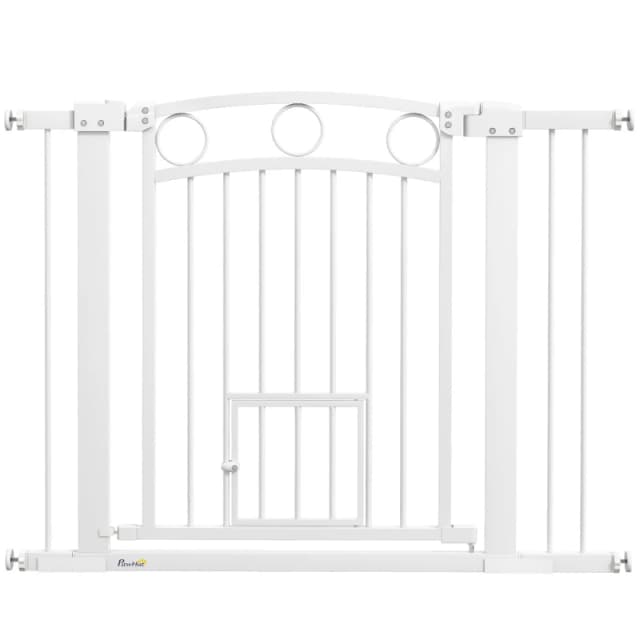 PawHut Stair Gate with Cat Door, Adjustable Width 76-104cm & 77cm Tall, White D06-242V10WT
