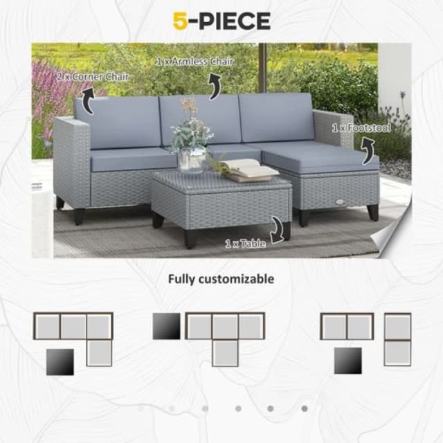 Outsunny 5pc Set w/ Corner Sofa/Table/Cushion - Grey 860-319V70GY