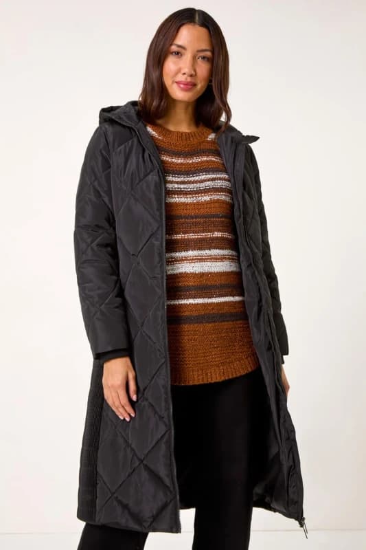Roman Longline Diamond Quilt Coat Black