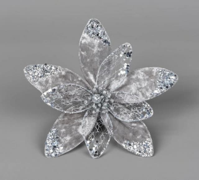 Shatchi 20cm Silver Poinsettia Poinsettia Flower - Christmas Tree Decoration Silver