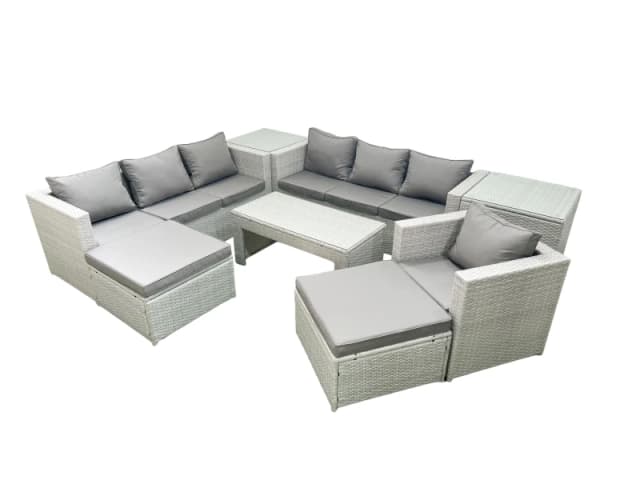 Fimous Wicker PE Rattan Sofa Garden Furniture Set with Oblong Coffee Table Armchair 2 Big Footstools 2 Side Tables Light Grey Mixed Light Grey