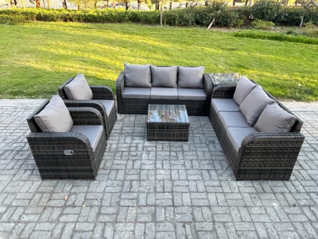 Fimous High Back Rattan Garden Furniture Set with Square Coffee Table Side Table Indoor Outdoor Patio Lounge Sofa Set Dark Grey Mixed Dark Grey