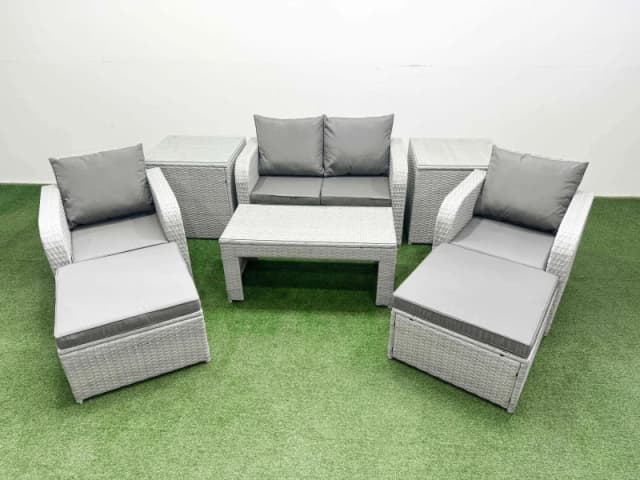 Fimous Light Grey PE Wicker Rattan Garden Furniture Set Sofa Set Reclining Adjustable Chair Oblong Coffee Table 6 Seater 2 Big Stools 2 Side Table Lig